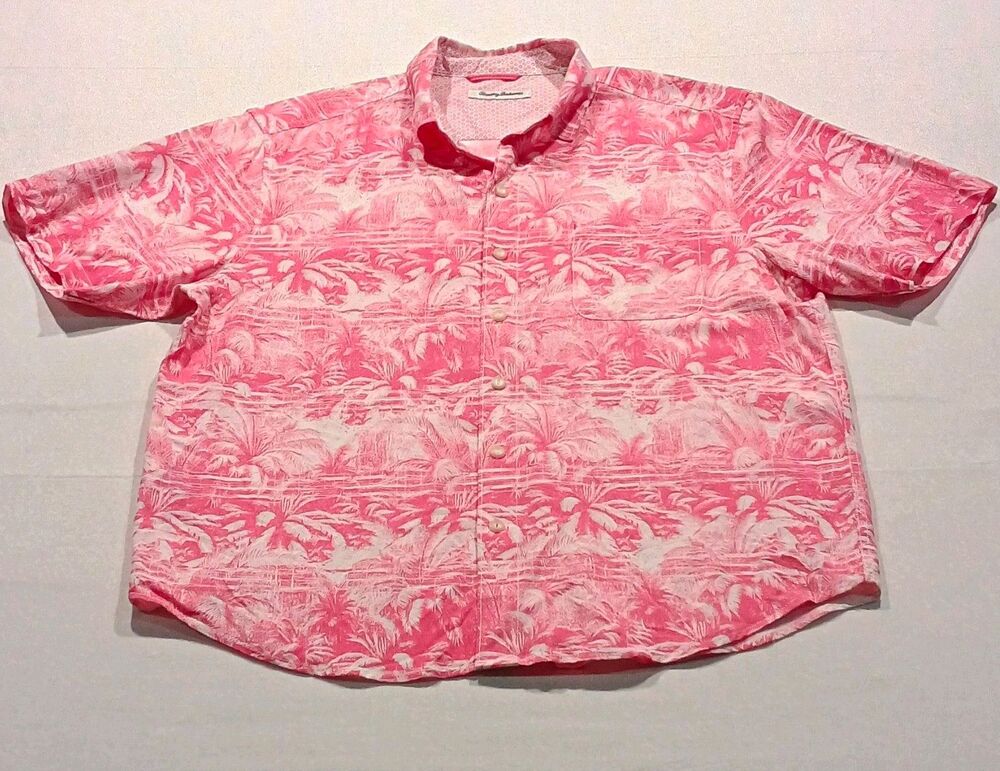 Tommy Bahama Men's Large Aloha Pink Palm Tree Marlin Hawaiian Camp Shirt